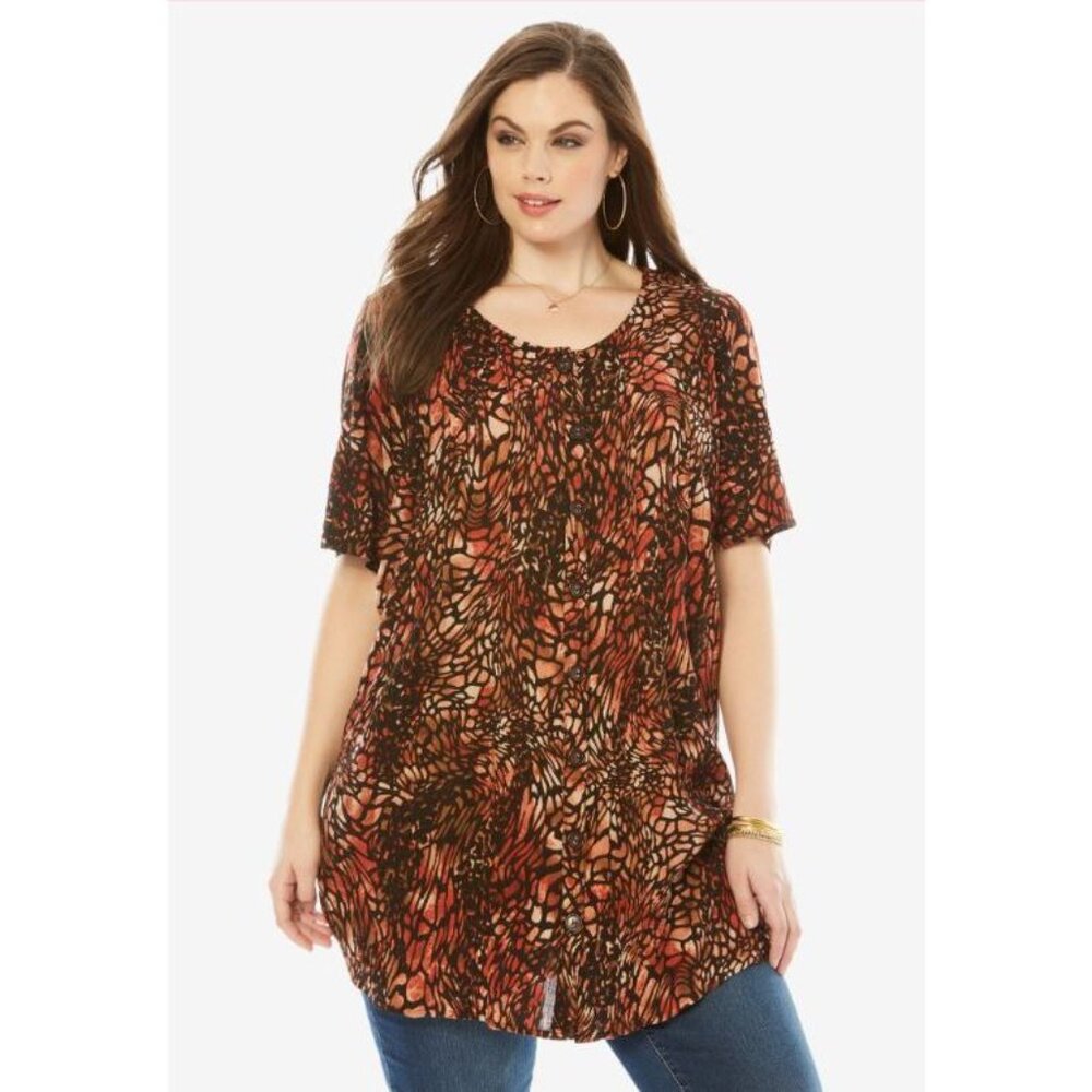 NEW Roaman's 36W Angelina Animal Print Crinkle Crepe Short Sleeve Tunic Top